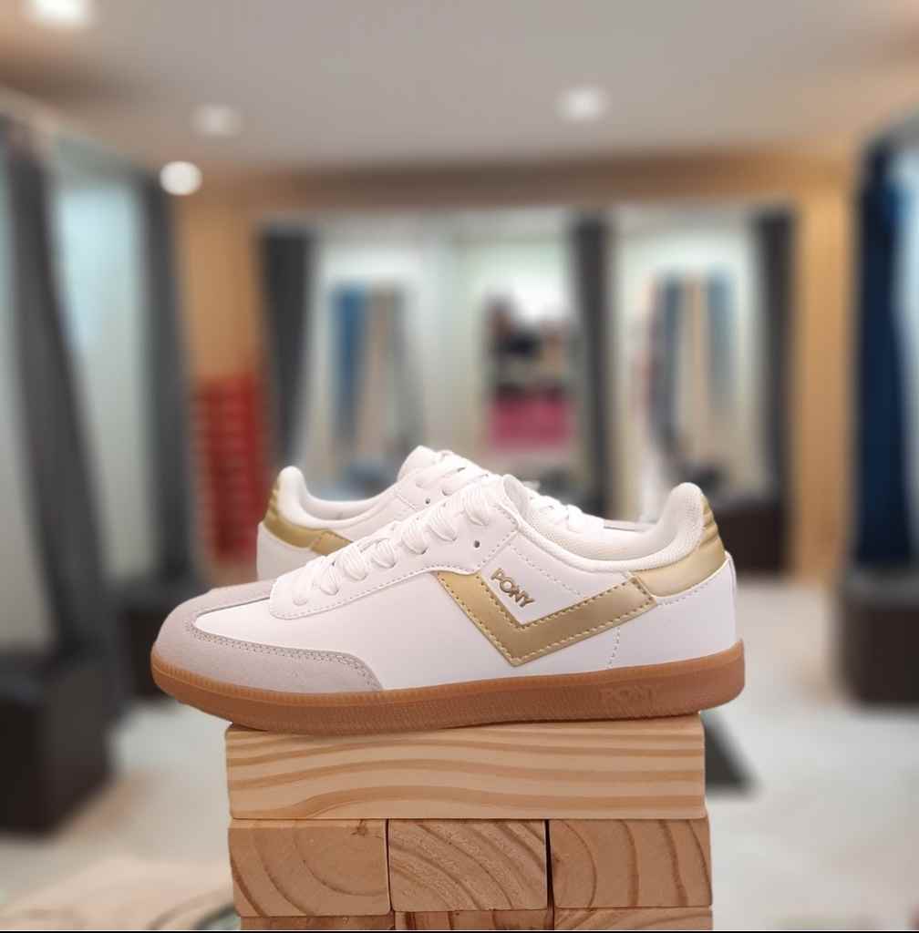 Calzado Pony Dama Moma, blanco y dorado