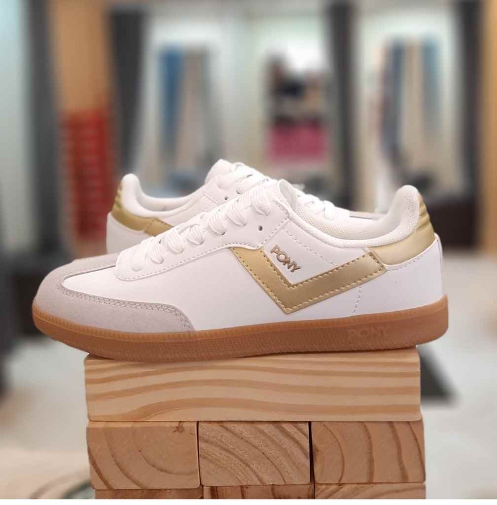 Calzado Pony Dama Moma, blanco y dorado